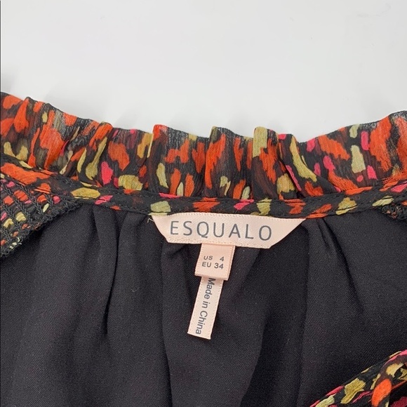 Esqualo chiffon shift dress smocked animal print black orange tiered tie neck 4 - Picture 6 of 6